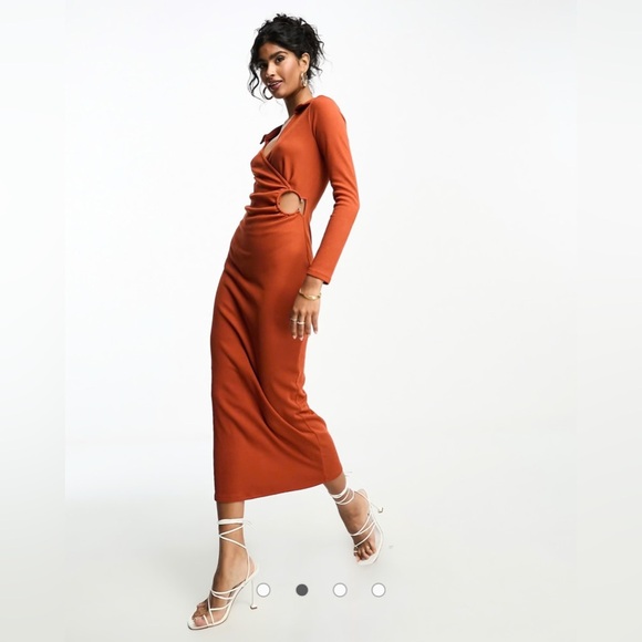 ASOS Brown Ribbed Bodycon Dress with Asymmetrical Neckline - Picture 1 of 9